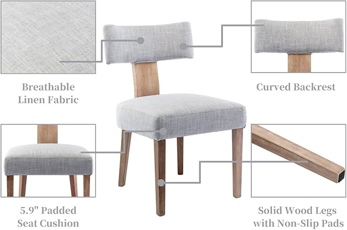 Linen Dining Chairs Set of 4, Modern Dining Chair with Wood Legs, Upholstered Dining Chairs for Dining Room, Kitchen, Vanity, Living Room, Grey