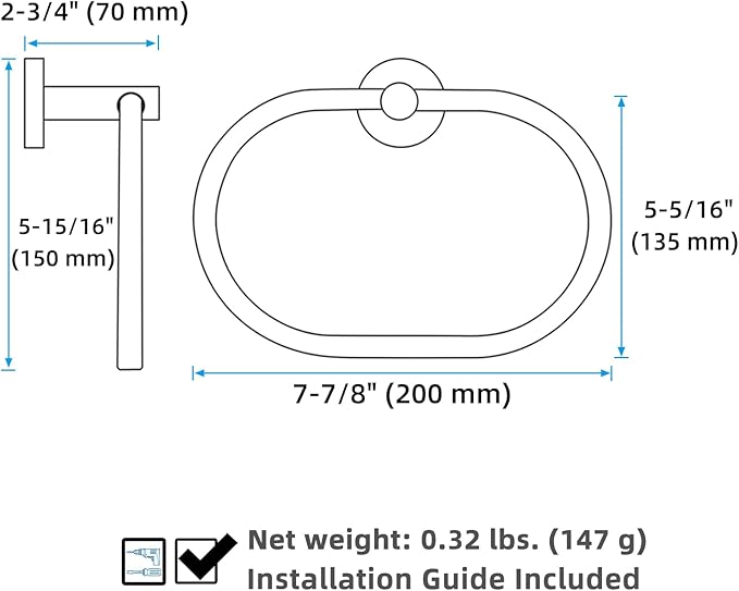 APLusee Matte Black Towel Ring, Stainless Steel Oval Hand Towel Holder for Bathroom Kitchen, Wall Mounted