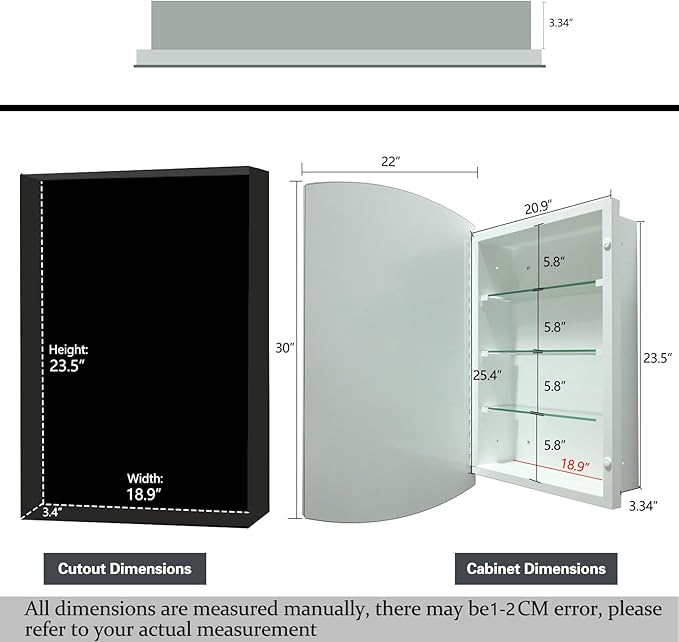 22x30 inch Medicine Cabinet Frameless Bathroom Mirror Cabinet Recess or Surface Mounted Medicine Cabinet with Mirror Cabinet for Bathroom Living Room Toilet Kitchen