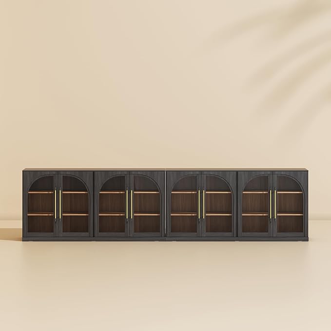 BELLEZE Set of 2 65" Arched Sideboard with Glass Door, Accent Buffet Cabinet with Storage and Adjustable Shelves, Classic Modern Large Console Table for Dining Room Living Room Entryway (Ebony)