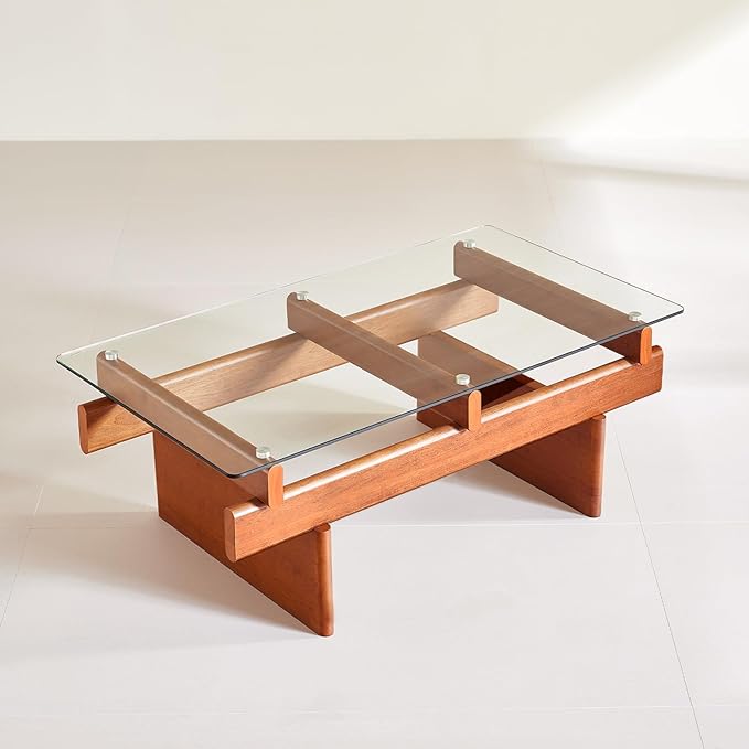 IWOOD Glass Coffee Table for Living Room,100% Solid Wood Coffee Table with Rectangular Tempered Glass Top,Mid Century Modern Coffee Table,Walnut