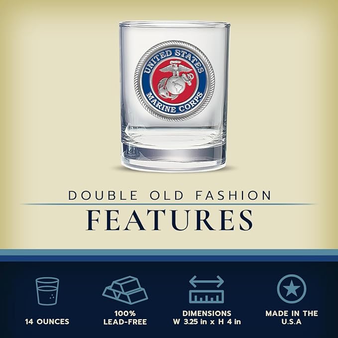 Heritage Pewter Marines Double Old Fashion- Eagle Globe & Anchor | Double Rocks Glass 14 OZ for Liquor | Expertly Crafted Pewter Glass