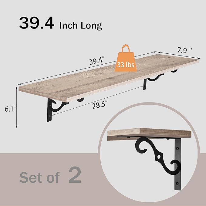 DINZI LVJ Long Wall Shelves, 39.4" Large Floating Shelves Set of 2, Farmhouse Display Shelf Wall Mounted with Heavy Duty Brackets, Easy Assembly for Kitchen, Bathroom, Bedroom, Balcony, Greige