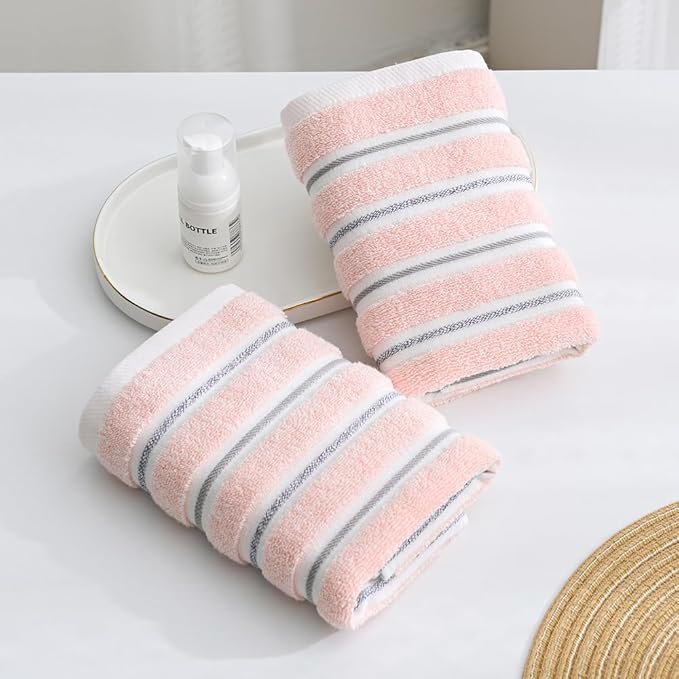 YiLUOMO Ribbed Striped Pink Hand Towel Set of 2 Cotton, Quick Dry, Soft and Absorbent Bathroom Hand Towel Decorative 13 x 29 Inch