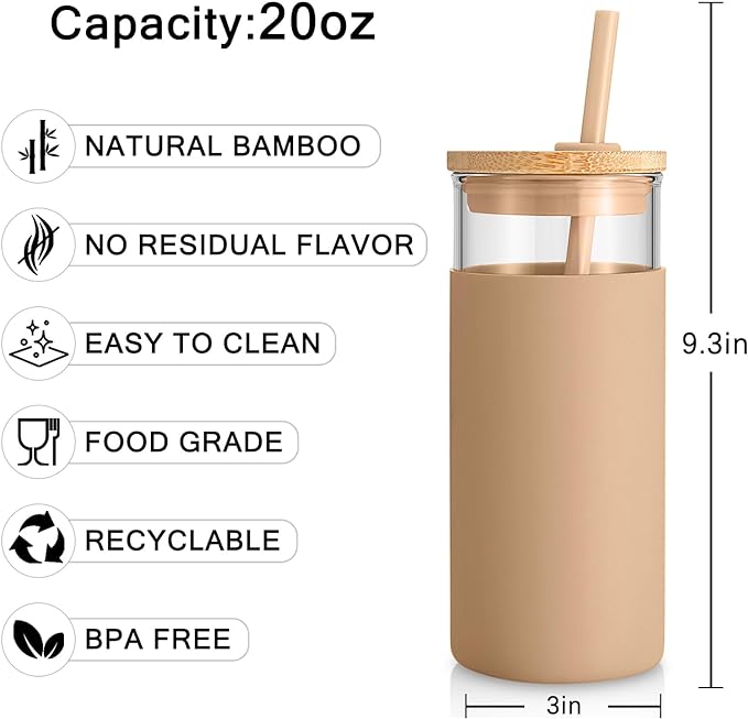 Tronco 20 oz Glass Tumbler with Lid and Straw, Iced Coffee Cup and Smoothie Cup with Bamboo Lids & Protective Silicone Sleeve, Dishwasher Safe, BPA-Free, Glass Cup 1 Pack