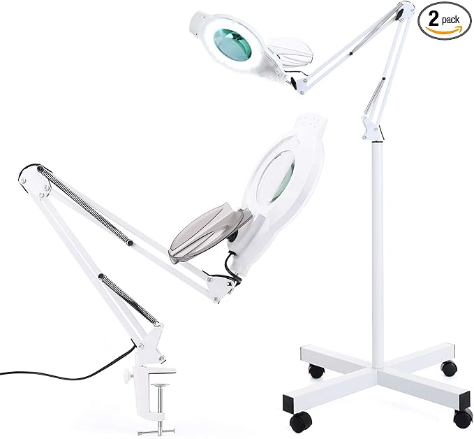KIRKAS 10X Magniyfing Floor Lamp with 4 Wheel Rolling Base for Estheticians 2,200 Lumens LED Magnifier Lighted Glass Lens, Adjustable Stand & Swivel Arm Floor Lamp for Reading, Crafts, Tasks-White