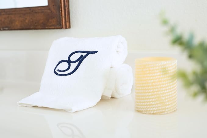 White Monogrammed Hand Towels for Bathroom - Luxury Hotel Quality Personalized Initial Embroidered Towel for Powder Room, Spa - GOTS Organic Certified - Set of 2 Navy Letter T