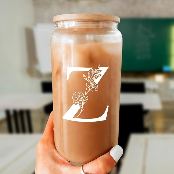 SANDJEST Monogrammed Gifts for Women - Monogram Z Initial Glass Cup 16 Oz Can Coffee Cups with Lid and Straw - Monogram Initials Gifts for Womens on Birthday
