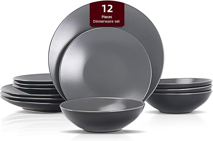 Stoneware Two-Tone Colors Life 12pc Dinner Set，Outside Shiny Black + Inside Matte Glaze Warm Grey