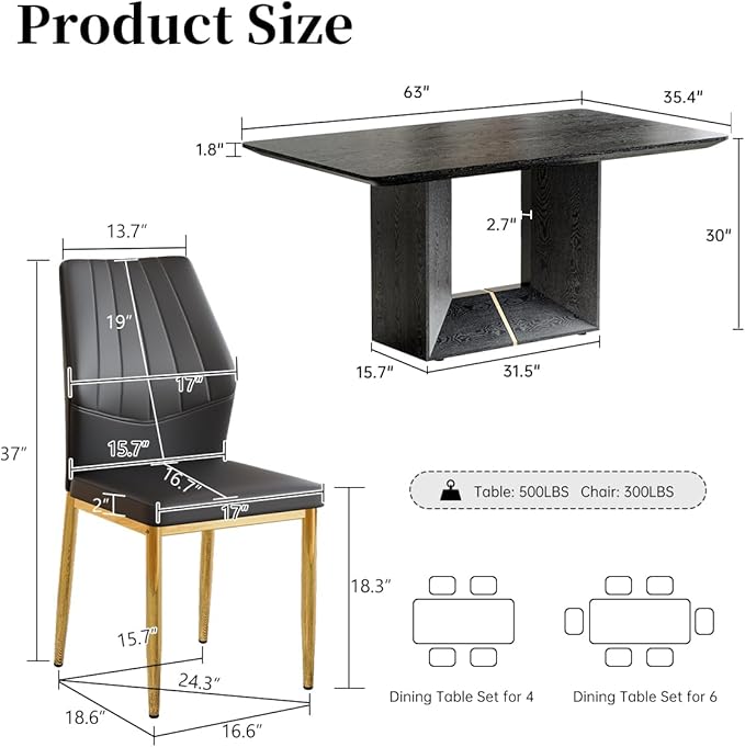 63" Modern Black Dining Table Set for 6 with Chairs, 7 Piece Rectangular Dining Room Table and 6 PU Leather Chairs, Kitchen Dining Set with Matte Wood Finish, Geometric Base, Easy Assembly