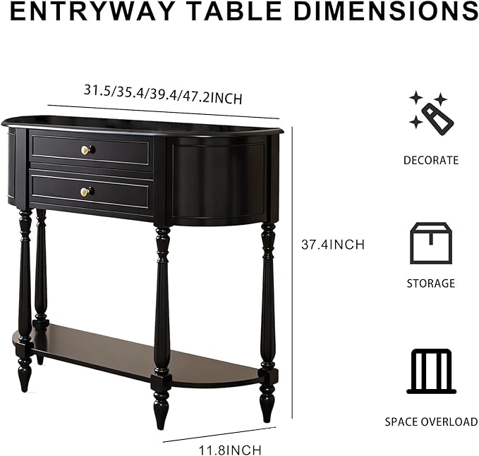 Black Entryway Table Narrow, Half Moon Console Table with Two Drawers, Solid Wood Mid Century Modern Console Table with Adjustable Legs for Living Room, Foyer, or Hallway