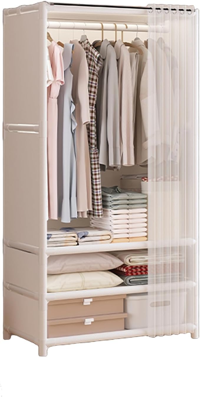 Portable Closet,Portable Closets for Hanging Clothes,Japanese Style Garment Rack with 1 Hanging Rods,2 Storage Shelves,27.5" L x 17.7" W x 65.1" H,White