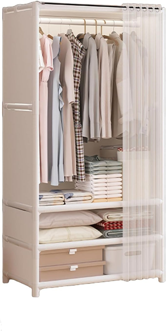Portable Closet,Portable Closets for Hanging Clothes,Japanese Style Garment Rack with 1 Hanging Rods,2 Storage Shelves,27.5" L x 17.7" W x 65.1" H,White