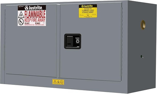 Justrite 17 Gallon Manual Close Piggyback Flammable Storage Cabinet, 18 Gauge Steel, 1 Shelf, 2 Door Fire Cabinet, 24" x 43" x 18", Made in The USA, Gray, 891703