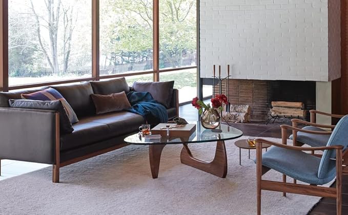 Noguchi Table Triangle Glass Coffee Table Vintage Glass End Table, Solid Wood Base and Triangle Clear Glass Top Modern End Table for Living Room, Patio, Study, Dark Walnut