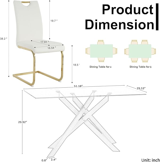 Goujxcy Gold Dining Table Set for 6, Glass Kitchen Table with Chair Set, Modern 51" Rectangle Glass Dining Table and 6 White PU Leather Chairs with Metal Frame for Kitchen Dining Room