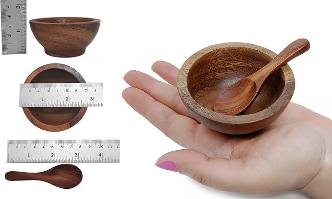 Set of 4 Small Round Acacia Wooden Bowls 2⅞ Inch Diameter With Spoons - Stackable Mixing Bowl for Salad Soup Snack Salsa Dip Sauce Charcuterie Wood Tableware Sets for Decor and Serving