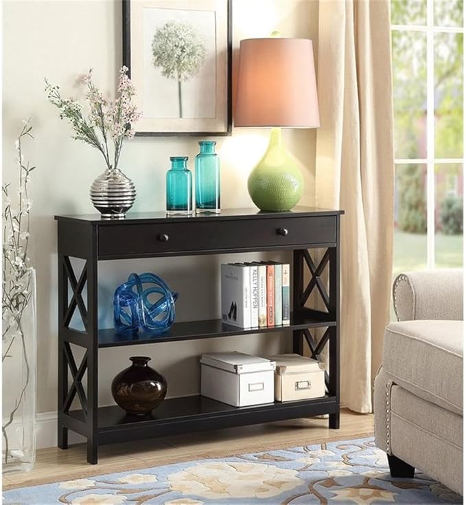 Convenience Concepts Oxford 1-Drawer Console Table 39.5" - Farmhouse Sofa Display with Storage Shelf For Living, Family, & Dining Room, Modern Entryway Hall Table for Kitchen, Bedroom, Black