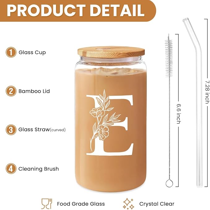 SANDJEST Monogrammed Gifts for Women - Monogram E Initial Glass Cup 16 Oz Can Coffee Cups with Lid and Straw - Monogram Initials Gifts for Womens on Birthday
