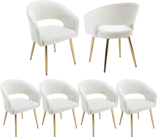 Modern Velvet Dining Chairs Set of 6, Upholstered Gold Dining Room Chairs with Hollow Back, Accent Armrest Kitchen Chairs with Gold Legs for Living Room Reception Beige