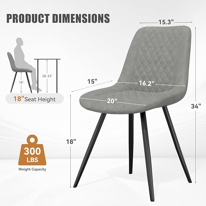Modern Dining Chairs Set of 4, Quality Faux Leather Upholstered Dining Chairs with Metal Legs, Dinner Chairs for Dinning Room Kitchen, Grey