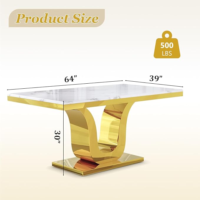 Luxury Dining Room Table with Gold Stainless Steel Metal U-Base in White Gold