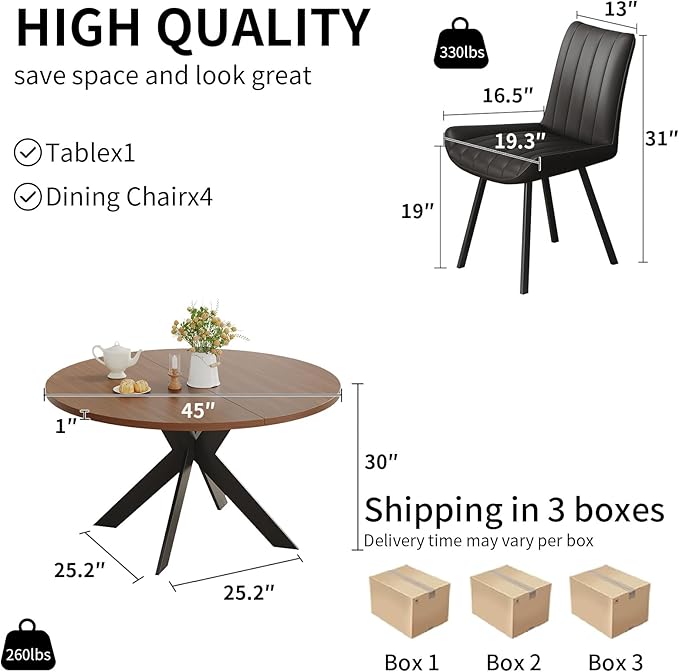Walnut Round Dining Table Set for 4, Mid-Century Modern Kitchen Table and Chairs, Small Space Dining Room Furniture for Apartment, Breakfast Nook or Studio (Boxwood-1 Table + 4 Black Chairs)