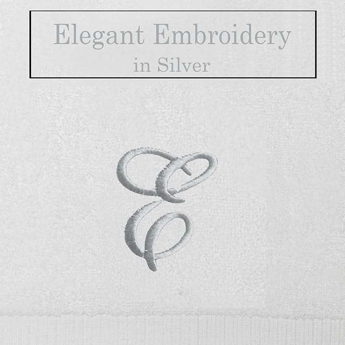 White Monogrammed Hand Towels for Bathroom - Luxury Hotel Quality Personalized Initial Embroidered Towel for Powder Room, Spa - GOTS Organic Certified - Set of 2 Silver Letter E