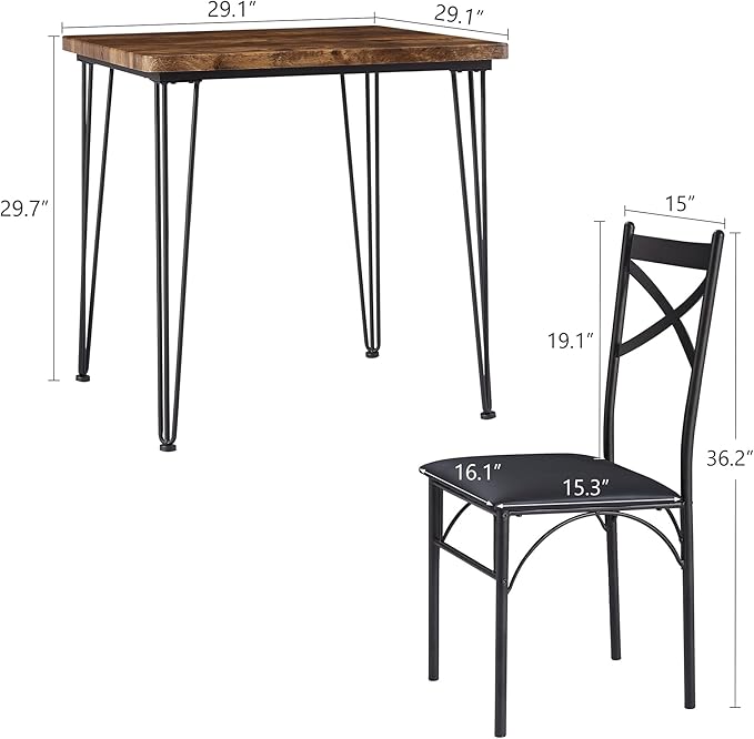 VECELO 3-Piece Dining Table Set for Home Kitchen Small Space Breakfast Nook, 2 Faux Leather Metal Frame Chairs, Classic Brown,Set for 2