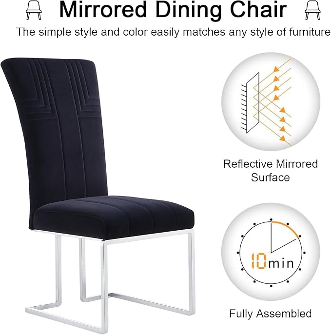 AUZ Dining Chairs Set of 8, Black and Silver Dining Chairs with Velvet Upholstery and Mirrored Silver Sled Legs