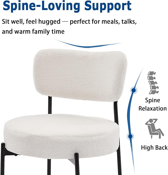 White Boucle Dining Chairs Set of 4, Upholstered Dinner Chair with Metal Frame, Dining Room Chairs with Padded Seat, Round Modern Seating for Living Room