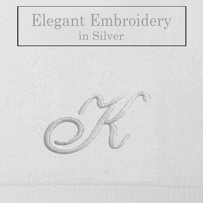 White Monogrammed Hand Towels for Bathroom - Luxury Hotel Quality Personalized Initial Embroidered Towel for Powder Room, Spa - GOTS Organic Certified - Set of 2 Silver Letter K
