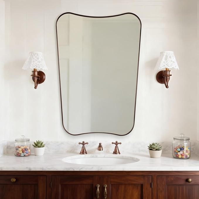 ANDY STAR Brushed Bronze Asymmetrical Mirror, 22"x30" Bathroom Mirror for Over Sink, Premium Stainless Steel Thin Frame, Antique Bronze Mirror for Wall, Butterfly-Inspired Designer Decor