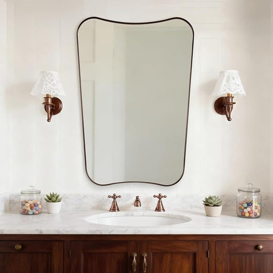 ANDY STAR Brushed Bronze Asymmetrical Mirror, 22"x30" Bathroom Mirror for Over Sink, Premium Stainless Steel Thin Frame, Antique Bronze Mirror for Wall, Butterfly-Inspired Designer Decor