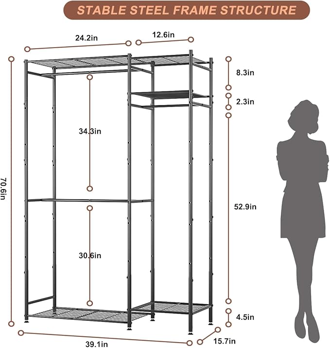 Neprock Portable Closets for Hanging Clothes, Freestanding Clothing Rack with 3 Hang Rods & 5 Shelves, Metal Wardrobe Garment Rack for Bedrooms