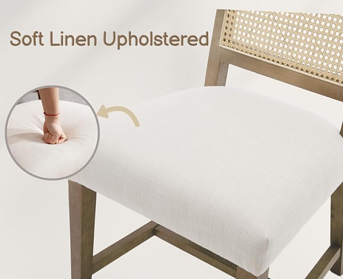 EALSON Rattan Dining Chairs Set of 2 Linen Upholstered Dining Room Chairs with Cane Back Mid Century Modern Kitchen Chairs Natural Wood Frame Side Chair for Dining Room, Beige