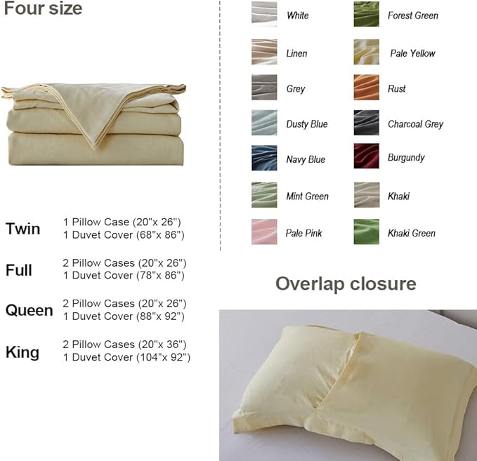 Simple&Opulence French Linen Duvet Cover Set - King Size(104"x 92")- 3 Pieces (1 Comforter Cover,2 Pillowcases)-Natural Flax Cotton Blend-Solid Color Breathable Farmhouse Bedding-Pale Yellow