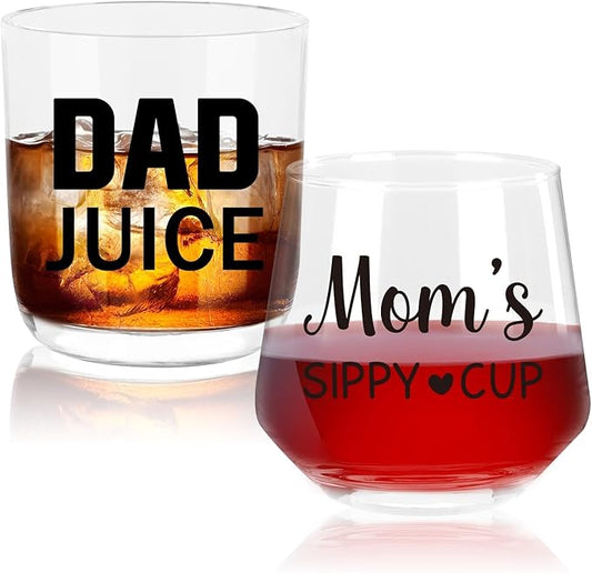 Ithmahco Parents Christmas Gifts, MOM's SIPPY CUP DAD JUICE Wine and Whiskey Glass Set, Mom and Dad Gifts for New Parents, New Parent Gift For Couples, Mom and Dad Cups Gift for Christmas