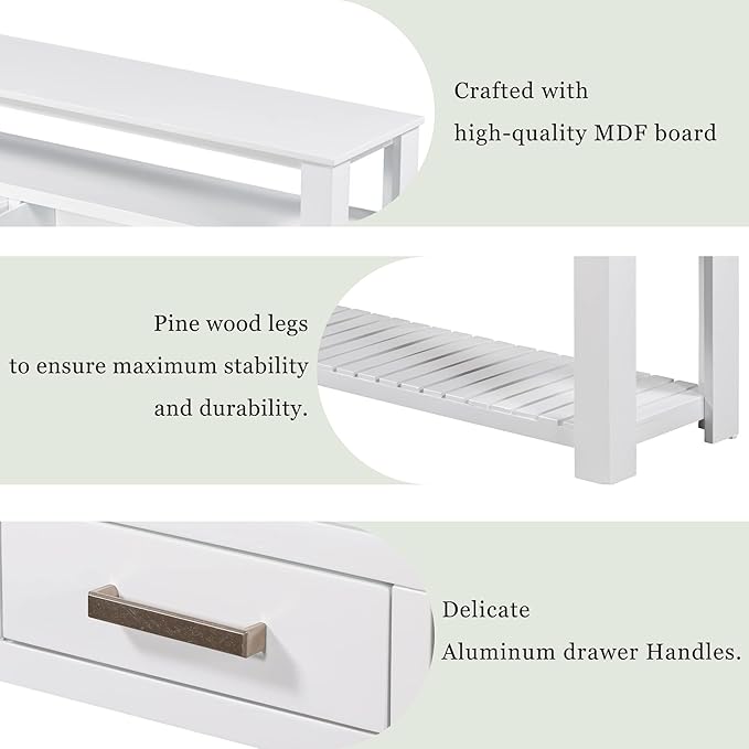 Modern 62'' Console Table Sofa Entryway Table with 4 Drawers and 2 Shelves, Acacia Wood Kitchen Buffet Cabinet Sideboard, Accent Table Furniture for Entryway Kitchen Living Room (White-4DE)