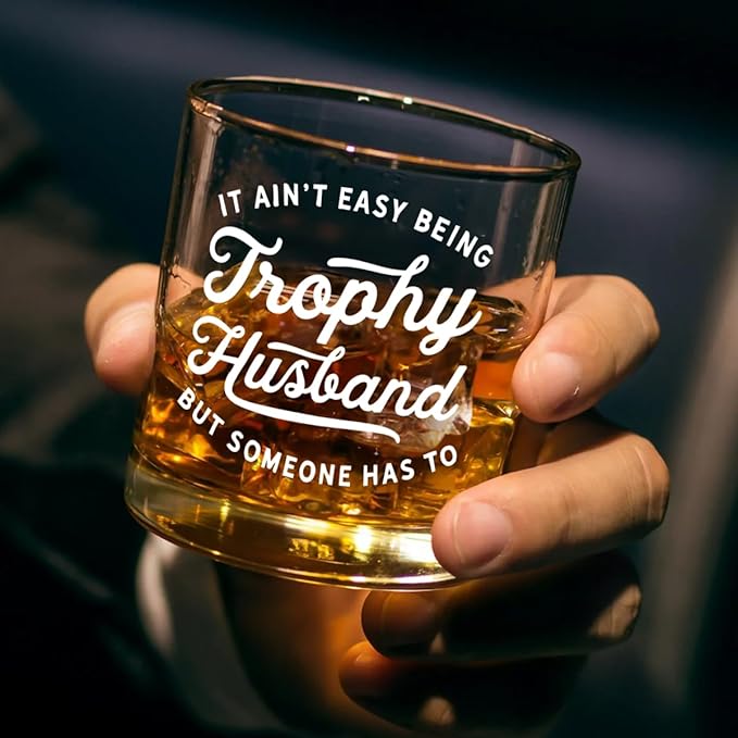 DOPTIKA Christmas Birthday Gifts For Him, 11 Oz Novelty Old Fashioned Glass, Anniversary Husband Gift From Wife, Bourbon Gifts For Men, It Ain't Easy Being A Trophy Husband Whiskey Glass
