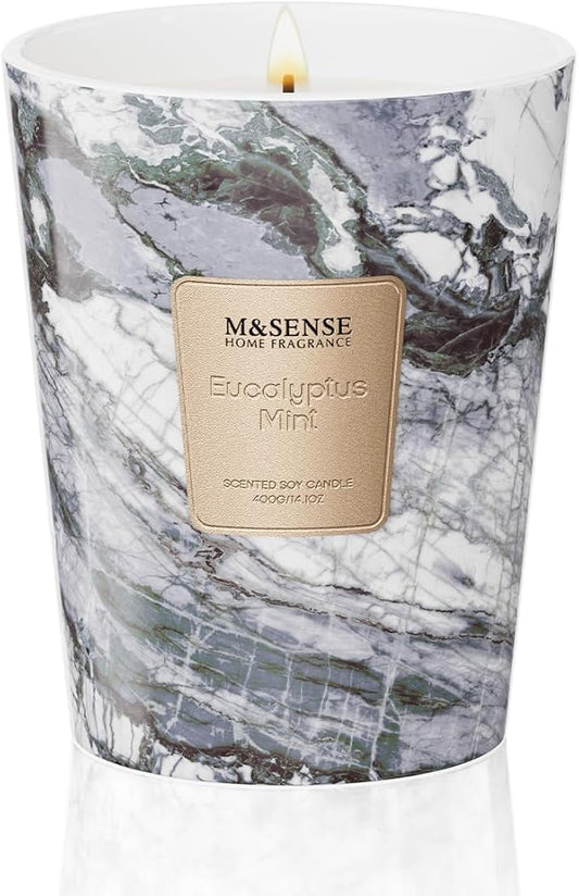 M&SENSE Eucalyptus Mint Scented Soy Candle, 3 Wick Highly Scented 14.1 Oz 80H, Aromatherapy Christmas Gift for Women and Men