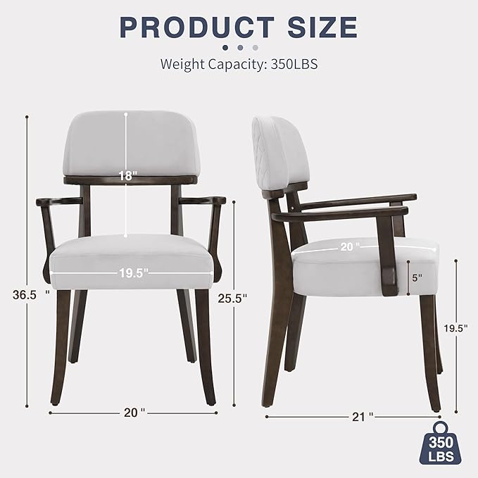 Modern Wood Dining Chairs with Arms Set of 2, Velvet Upholstered Kitchen Chairs with Open Curved Backrest & Black Hardwood Legs, Accent Chairs 350 LBS Capacity, Grey