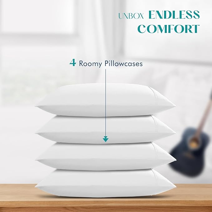 XOOX Linen 100% Egyptian Cotton Pillow Cases King Size Set of 4 - Luxury 1200 Thread Count Sateen White Pillow Covers, Soft & Breathable 5 Star Hotel-Quality Pillowcases, Fits King Size Pillows