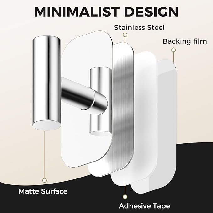 Adhesive Towel Hooks for Shower,Waterproof Heavy Duty Bathroom Hooks,Wall Mounted Sticky Hangers for Coats/Aprons/Robes,No Drilling(Chrome,2 Pack)