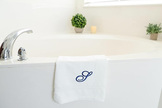 White Monogrammed Hand Towels for Bathroom - Luxury Hotel Quality Personalized Initial Embroidered Towel for Powder Room, Spa - GOTS Organic Certified - Set of 2 Navy Letter S