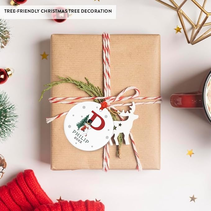 Andaz Press Personalized Ornament, Custom Name, Initial P Monogram Snowman 2.8" Ceramic Porcelain 2025 Christmas Ornament Keepsake for Kids, Boys, Girls, Includes Gold Ribbon & Gift Box, 1-Pack