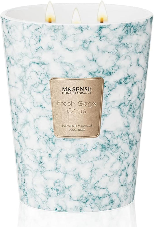 M&SENSE Extra Large Candle 35oz 150H FreshSageCitrus Scented Candle,3 Wick Highly Scented Jar Candle, XL Candles Gift for Stress Relief, Meditation, Yoga