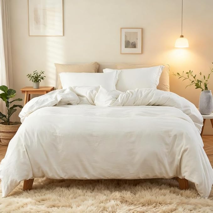 Simple&Opulence French Linen Duvet Cover Set 68" x 86"- 2 Pieces (1 Comforter Cover,1 Pillowcase)- Natural Flax Cotton Blend-Solid Color Breathable Farmhouse Bedding-Off White, Twin