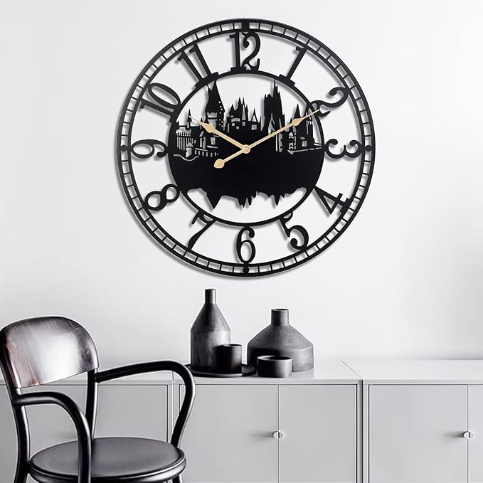 Wall Clocks for Living Room, Metal Black Castle with Metal Golden Retro Hands, Battery Operated Silent Non-Ticking Large Wall Clock for Bedroom Kitchen Living Room Home Decor,24x24Inch