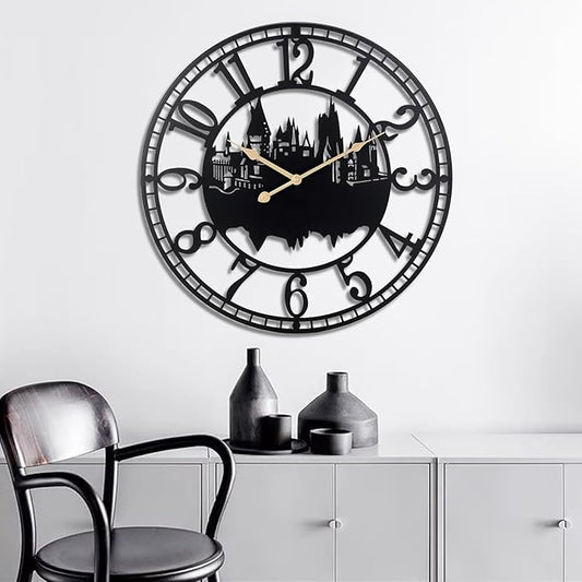 Wall Clocks for Living Room, Metal Black Castle with Metal Golden Retro Hands, Battery Operated Silent Non-Ticking Large Wall Clock for Bedroom Kitchen Living Room Home Decor,24x24Inch
